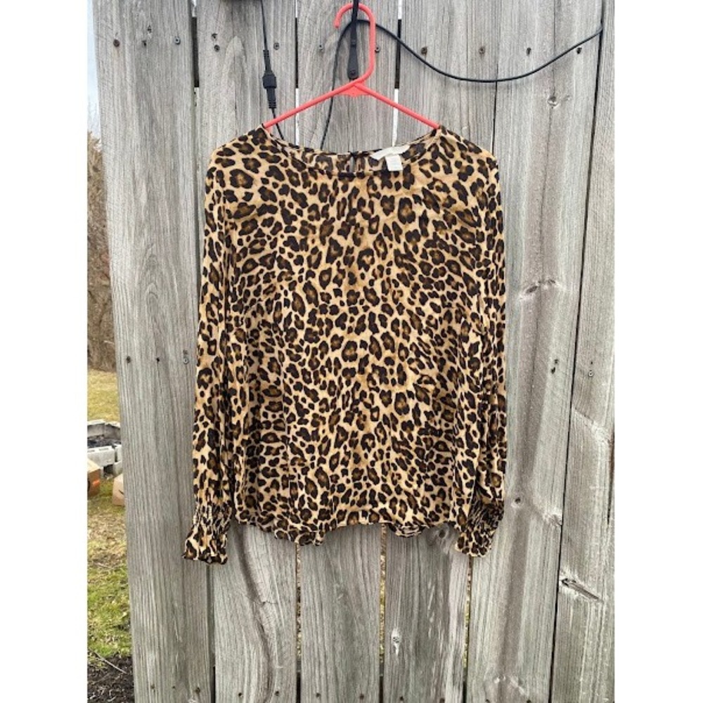 HM Womens Leopard‎ Print Long Sleeve Blouse Smocked Ruffle Cuff Brown Tan US 12